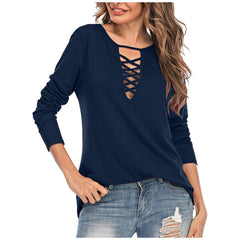 Fashion Pure Lacing V neck Long sleeve T-Shirts