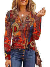 Women Long Printed Zip V Neck Top T-shirts