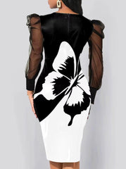 Elegant Women Butterfly Printed Bodycon Mini Dress Puff Sleeve Cocktail Evening Party Gown Bodycon Dresses