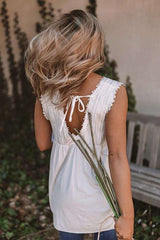 Casual Loose Pure Square collar Lace Sleeveless Vests