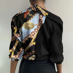 Digital Printing lapel Long sleeve Women Blouses