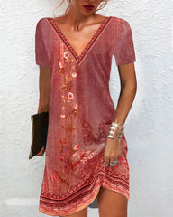 Bohemia V neck Short Sleeve Woman Long Dresses Skater Dresses