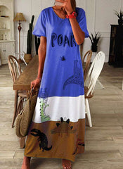 Casual Loose Animal print Round neck Short sleeve Maxi Dresses