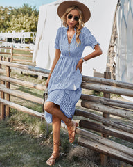 Chic stripe women v neck high waist Skater Dresses