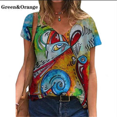 Casual Women Print V neck Short sleeve T-Shirts
