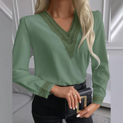 Women v neck lace long sleeve plain elegant blouses