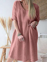 Casual Loose Pure V neck Three quarter sleeve Shift Dresses