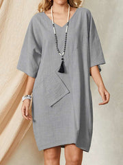 Casual Loose Pure V neck Half sleeve Shift Dresses