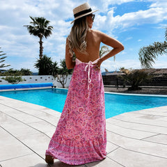 Vacation beach wearing printed halter neck women sleeveless long dresses
