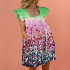 Casual Loose Floral print Square collar Falbala Shift Dresses
