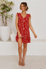 Fashion Floral print V neck Sleeveless Falbala Shift Dresses
