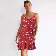 Casual Leafage print V neck Vest Sleeveless Lacing Shift Dresses