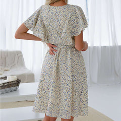 Fashion Casual Point print V neck Short sleeve Falbala Skater Dresses