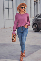 Round Neck T-Shirts Lantern Sleeve Ladies Long Sleeve Top (5 colors)