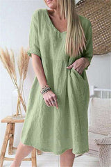 Casual Loose Pure V neck Three quarter sleeve Shift Dresses
