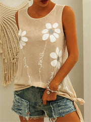 Casual Floral print Round neck Sleeveless Vests