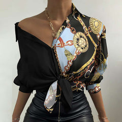 Digital Printing lapel Long sleeve Women Blouses