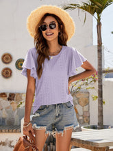 Fashion lace woman round neck chic women hallowout ruffle sleeves T-shirts