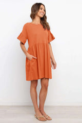 Casual Loose Pure Gored Round neck Short sleeve Shift Dresses