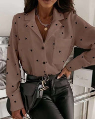 Fashion Heart print Lapel Long sleeve Blouses