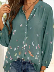 Casual Loose Butterfly print V neck Long sleeve Blouses
