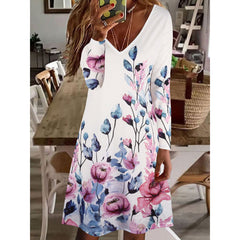 Fall New Floral Printed Long Sleeve V Neck Shift Dresses