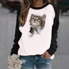 Casual Cat print Round neck Long sleeve Gored T-Shirts