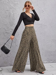 Loose high waist leopard print drape wide leg trousers swing leg pants