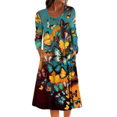 Women round neck butterfly printed long sleeve long dress maxi dresses