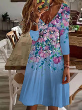 Fall New Floral Printed Long Sleeve V Neck Shift Dresses