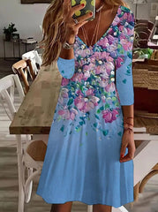 Fall New Floral Printed Long Sleeve V Neck Shift Dresses