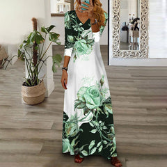 Elegant V neck long sleeve flower printed Long Dress Maxi Dresses