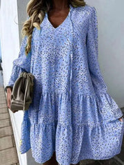 Casual Loose Gored Print V neck Long sleeve Shift Dresses