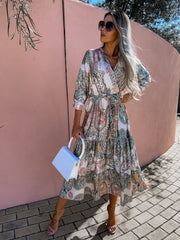 Bohemia women floral long sleeve tie waist long dress maxi dresses