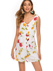 Fashion Print Lacing V neck Jumpsuits