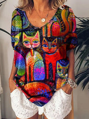 Daily v neck cat printed short sleeve T-shirts