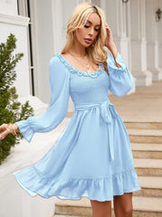 Spring U neck sweet women chic style Lantern sleeve Skater Dresses