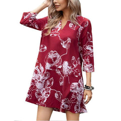 Casual Loose Floral print V neck Three quarter sleeve Shift Dresses