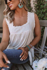Casual Loose Pure Square collar Lace Sleeveless Vests