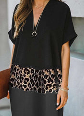 Casual Loose Leopard print Gored V neck Short sleeve Shift Dresses