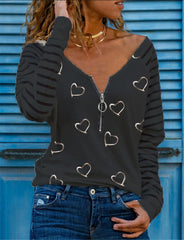 Fashion Heart print Zipper V neck Long sleeve T-Shirts