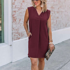 Casual Pure V neck Sleeveless Sleeveless Shift Dresses