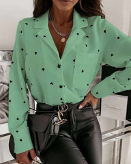 Fashion Heart print Lapel Long sleeve Blouses