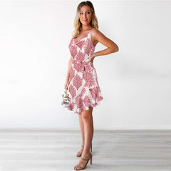 Casual Leafage print V neck Vest Sleeveless Lacing Shift Dresses