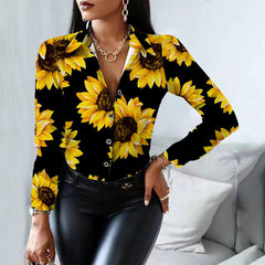 Women's Long Sleeve Buttoned Sunflower Print Shirt Blouses