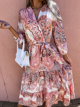 Bohemia women floral long sleeve tie waist long dress maxi dresses