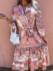 Bohemia women floral long sleeve tie waist long dress maxi dresses