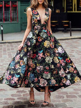 Sexy Floral print V neck Sleeveless Backless Skater Dresses