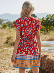 Casual Floral print V neck Short sleeve Drawstring Skater Dresses