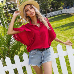 Casual Pure Stand collar Falbala Short sleeve Blouses